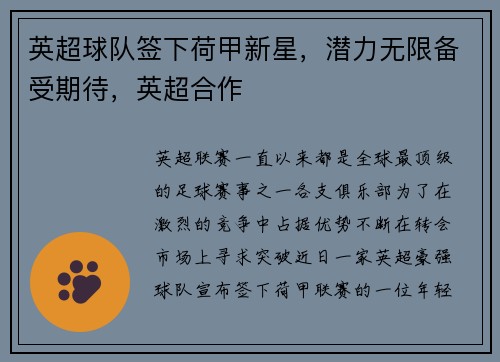 英超球队签下荷甲新星，潜力无限备受期待，英超合作