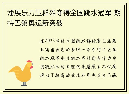潘展乐力压群雄夺得全国跳水冠军 期待巴黎奥运新突破