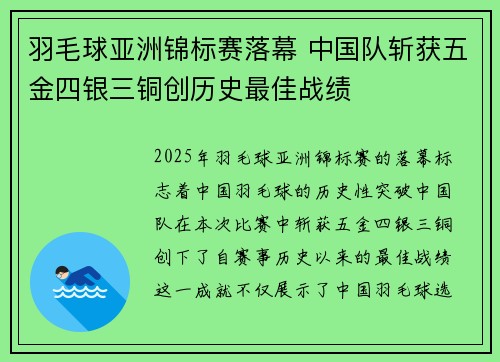 羽毛球亚洲锦标赛落幕 中国队斩获五金四银三铜创历史最佳战绩