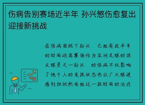 伤病告别赛场近半年 孙兴慜伤愈复出迎接新挑战