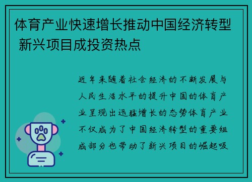 体育产业快速增长推动中国经济转型 新兴项目成投资热点