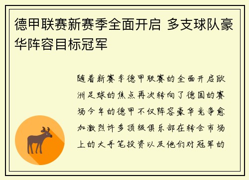 德甲联赛新赛季全面开启 多支球队豪华阵容目标冠军