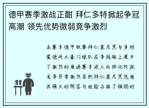 德甲赛季激战正酣 拜仁多特掀起争冠高潮 领先优势微弱竞争激烈