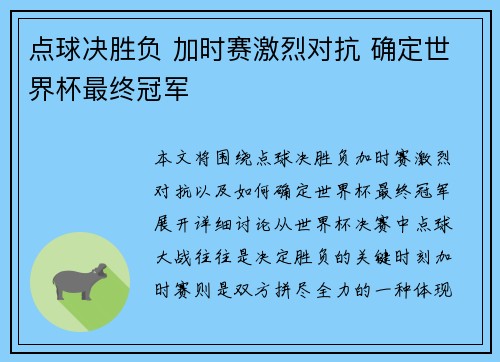 点球决胜负 加时赛激烈对抗 确定世界杯最终冠军