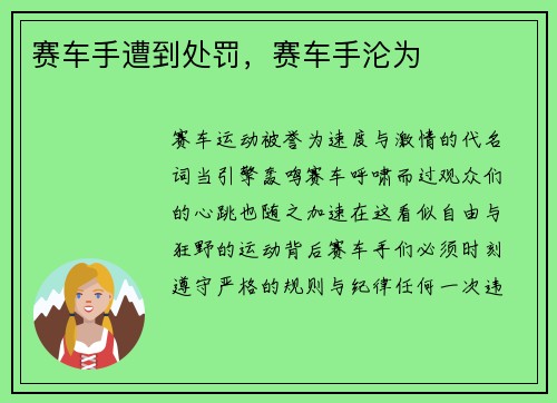 赛车手遭到处罚，赛车手沦为
