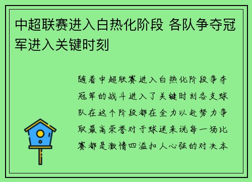 中超联赛进入白热化阶段 各队争夺冠军进入关键时刻